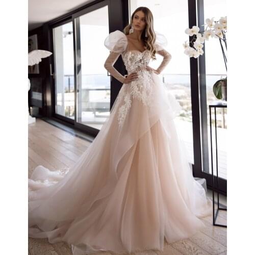 4246 # Fairy Appliques Wedding Dress Sweetheart Long Sleeve Illusion Backless A-Line Ruched Tulle Vestido De Novia Bridal