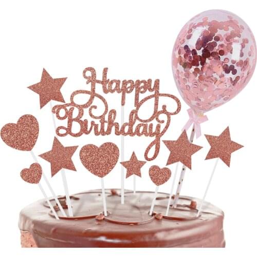 Glitter Rose Gloden Star Heart Happy Birthday Cake Topper with Latex Balloons Birthday Party Dessert for Kids Girls Baby Shower
