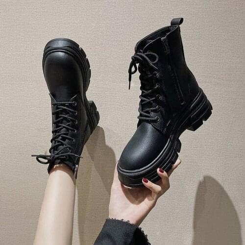 Women Ankle Boots Autumn Winter Round Platform Heel Zip Shoes Ladies Lace Up Round Toe Fashion Shoes for Woman Non-slip Boots