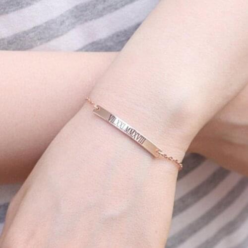 Stainless Steel Jewelry Personalized Name Bracelets For Women Men Gold Silver Color Engraved Roman Numerals Pulseira Masculina