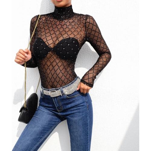 Women Mesh Net Fishnet Bodysuit Slim Long Sleeve Leotard Jumpsuit Tops Beachwear Beading Prespective Mesh Fishnet Cover Up