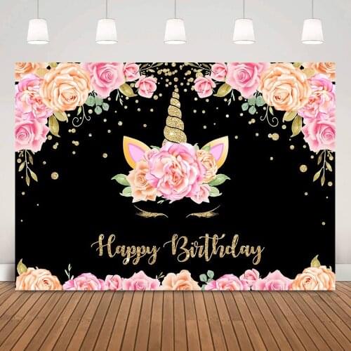 Unicorn Themed Happy Birthday Backdrop for Girl Children Pink Flowers Unicorn Black Background Golden Points Photo Studio