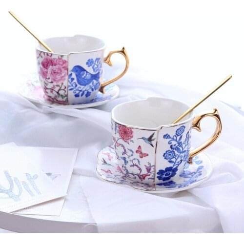 European style exquisite retro gold flower and bird asymmetric ceramic coffee cup and saucer set British afternoon tea set