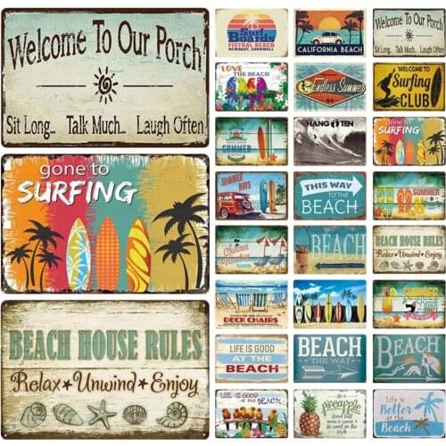 Summer Surfing Beach Wave Scenery Metal Sign Modern Home Living Room Bar Wall Sign Decor Vintage Tinplate Poster 20x30cm Plaques