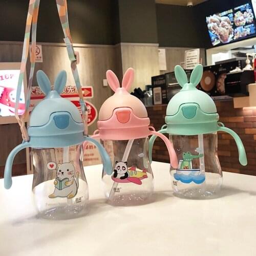 280ml Cute Rabbite Baby Feeding Bottle BPA Free Children Learn Drinking Straw Water Bottles Kids Training Cup Handle&Sling