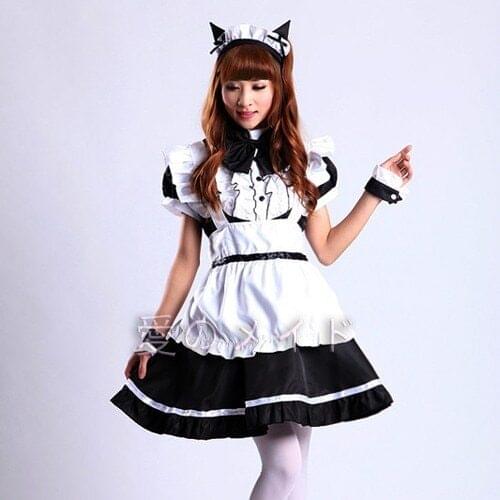 2015 New Women Lolita Dress Medieval Dresses Cat Ears Maid Cosplay Costume Black/Pink Halloween Costumes for Women