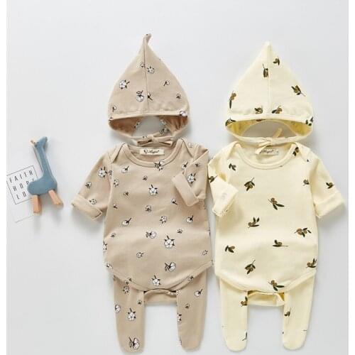 New Autumn Baby Suit Printed Bottoming Romper + Trousers with Legs + Hat Three-piece Suit