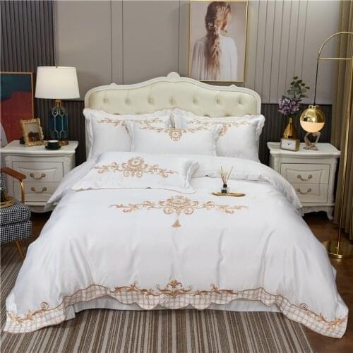 New Luxury White Satin Washed Silk Cotton Gold Embroidery Bedding Set Soft Silky Duvet Cover Bed Linen Fitted Sheet Pillowcases
