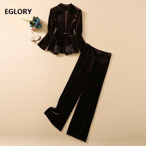 Top Quality Womens Set 2021 Spring Autumn Blazer Set Women Tassel Belt Blazer Coat+Full Length Soft Velour Pant Sets Female