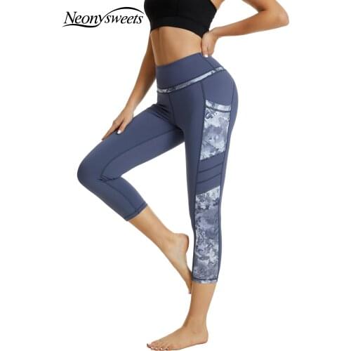 Sugar Pocket Casual Womens 3/4 Yoga Pants Gym Fitness Sports Cropped Leggings Pocket Slim Pants Female Casual Yoga Trouser