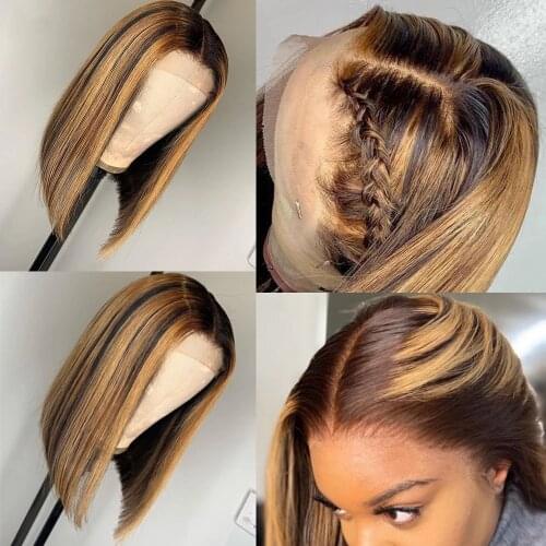 QT Highlight Bob Wig Human Hair Wigs 13X4x1 Ombre Straight Lace Front Wig Highlight Lace Front Human Hair Wigs