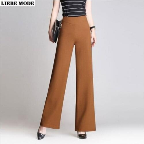 Plus Size Women High Waist Formal Pants Spring Autumn Straight LegPants Female Loose Wide Leg Bell Bottom Trousers Black Brown
