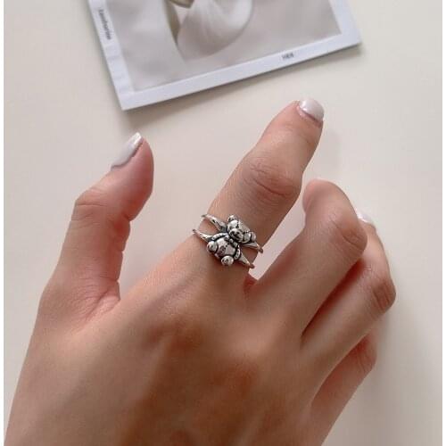 Retro Authentic 925 Sterling Silver Fine Jewelry Double Rows Bear Teddy Ring Womens C-J1598