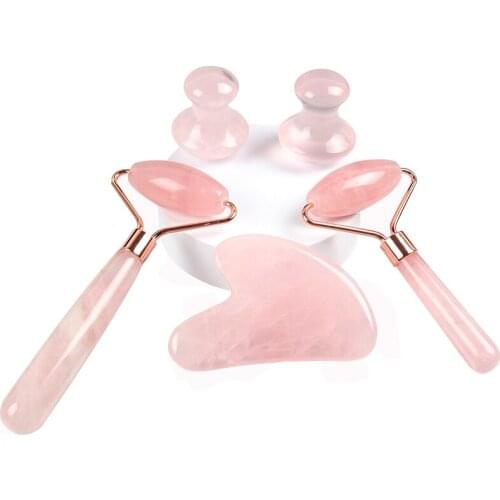 Rose Quartz Face Roller Gua Sha Tool Natural Stone Crystal Mineral Mushroom Massager Facial Body Neck Health Skin Care Massage