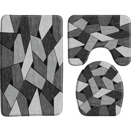 Modern Simplicity 3D Grey Geometry Pattern Bathroom Bath Mat Set Toilet Rugs Home Toilet Lid Cover Shower Room Rug Floor Mats