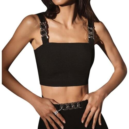 Style Female Vest Girls Solid Color Sleeveless Crop Tops with Metal Chain for Summer Womne Sexy Camisole 2021
