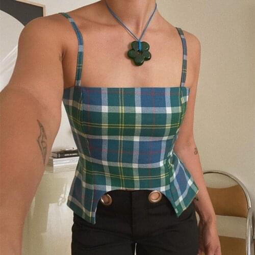 Femotwin Plaid Women Tank Top Spaghetti Straps Sleeveless Ropes Short Camisoles Vintage Streetwear Summer Girl Cool Crop Tops