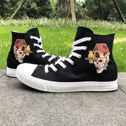 Wen Black Laced Sneakers Original Design Birds Nest Skull Head Men Canvas Skateboard Shoes High Top Women Shoes White