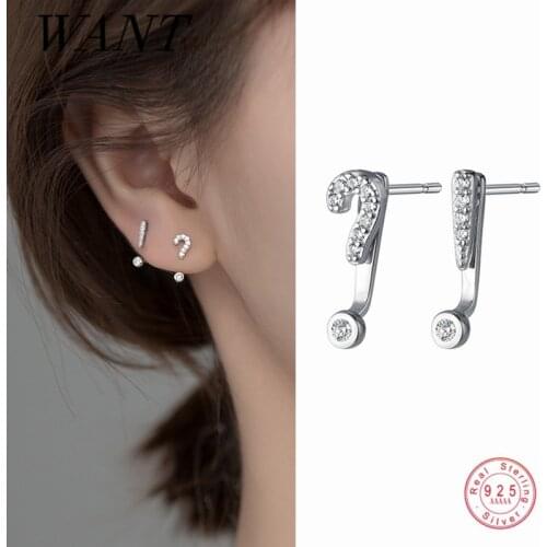 WANTME Real 925 Sterling Silver Round Zircon Jewelry Cute Sweet Question Mark Exclamation Mark Hanging Stud Earrings for Women