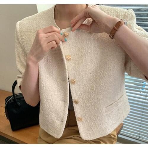 Women Jacket Summer 2021 New Korean Chic Office Lady Gentle Round Neck Love Buttons Loose Casual Female Short-Sleeved Tweed Tops