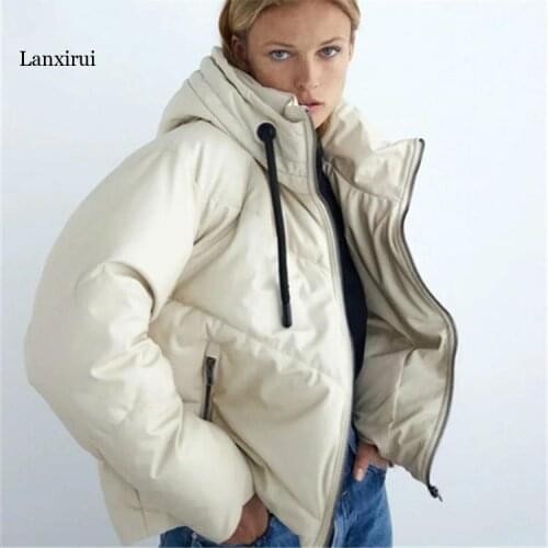 Women Winter Fashion Thickened Parkas Lady Over Size Hooded PU Jacket Coat In Solid Color