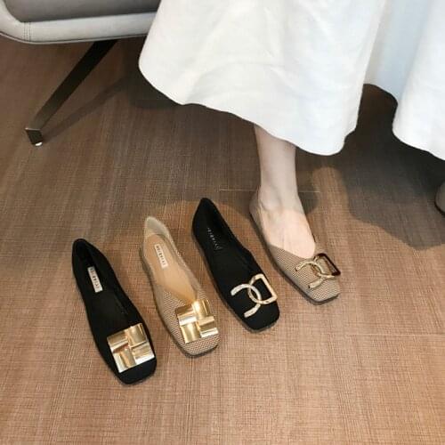 2021 New Style Square Head Ballet Womens Shoes Shallow Mouth Soft Sole Casual Shoes Square Buckle Flat Sole Large Womens Shoes