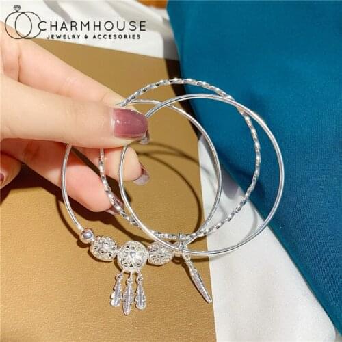 Pure Silver 925 Bangles For Women Multi Circles Beads Tassel Charm Bracelet & Bangle Adjustable Pulseira Femme Wedding Jewelry