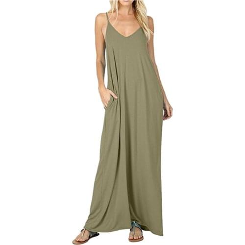 2021 Summer Harajuku Long Dress Women Casual Sleeveless Pocket Spaghetti Strap Sundress Beach Sexy Backless V-neck Robes Vestido