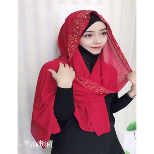 12 pieces/lot) 2017 newest high quality chiffon rhinestones pearls muslim scarf shawls glitter islamic hijab hw239