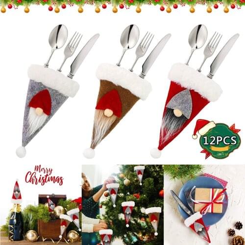 12Pcs Christmas Gnome Silverware Holder Cutlery Spoon Bag Tableware Cover Knife Fork Spoon Pockets Xmas Home Party Decoration