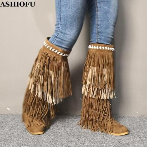 ASHIOFU New Arrival Real Photos Retro Women Mid-calf Boots Fringed&Tassels Party Prom Boots Winter Evening Fashion Boots Shoes