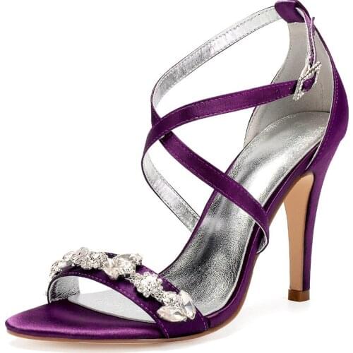 Eggplant satin evening dress shoes women sandals crossed strap high heels bridal wedding prom party cocktail high heels diamonds