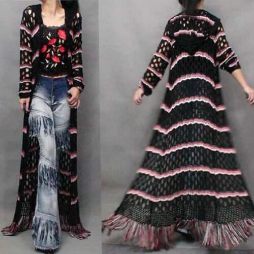 Free Shipping 2019 Fashion Long Maxi European Women Sweater Hollow Out Striped Trench With A Hood Tassels Outerwears Long Sleeve