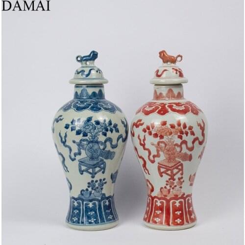 Lion Decorative Ceramic Vase Chinese Painted Vintage Blue White Porcelain Crafts Flowers Vases Living Room Decoration Ornaments