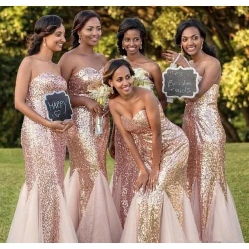 Long Sweetheart Rose Gold Mermaid Sequin Bridesmaid Dresses Vintage Tulle Corset Back Brautkleider Robes de Soirée for Women