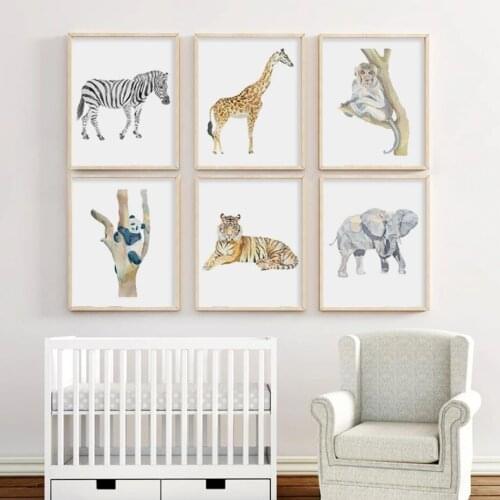 Watercolor Animal Canvas Painting Zebra Giraffe Wall Picture for Children Room Decoration Panda Posters and Prints Wall Art