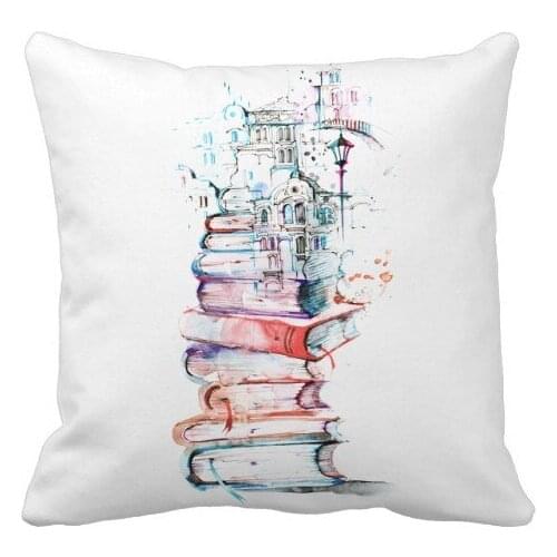 Books Building Street Watercolor Throw Pillow Square Cover