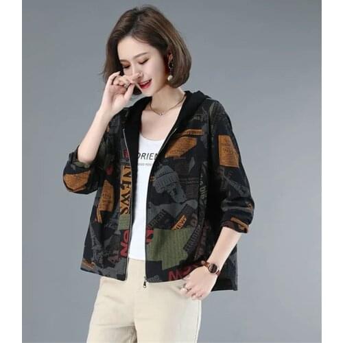 Plus Size 5XL Printed Short Hooded Loose Mother Windbreaker With Lining Short 2021 Autumn Korean Jacket Female Tops Zipper W433