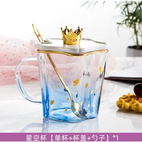 Cute gradient transparent glass couple water cup creative crown lid glass coffee cup mug custom LOGO cup