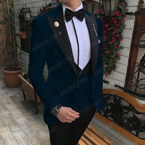ANNIEBRITNEY Navy Blue Jacquard Suit Men Tailored Formal Mens Wedding Suits Slim fit Jacekts Groom Tuxedo Blazer Vest Pants Set