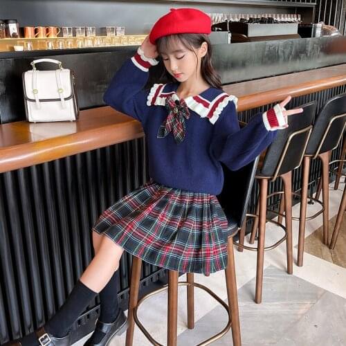 2021 New Spring And Autumn Girl Fashion Suit Girls Bow Tie Lapel Sweater And Pleated Plaid Skirt Two-piece School Girl Uniform