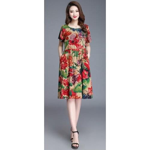 New middle-aged womens dress bamboo cotton dress fashion printing large size slim floral dress Female A354