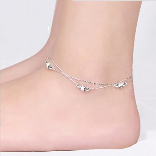 New Sexy Barefoot Jewelry Plata Plated Bracelet with Star Beads Double-deck Anklet for Women Silver Color Foot Bracelet Jewelry