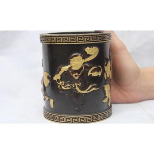 Song voge gem S1363 Red Copper 24K Gold Gilt Bronze Boys child Blessing Shou pencil vase brush pot