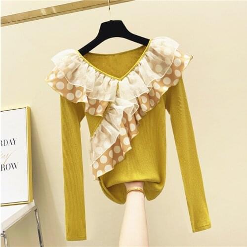 Polka Dot Mesh Stitching Ruffled V-neck Pullover Sweater Woman Slim-Fit Sweaters Jumper Outwear Yellow Knitted Top 2020 Autumn