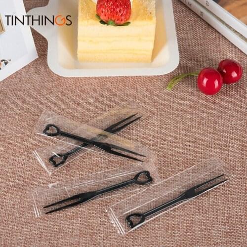 200 Pcs 8.9x1.1cm Black plastic fork Individual package wedding party plastic disposable forks dessert Fruit Salad Cake supply
