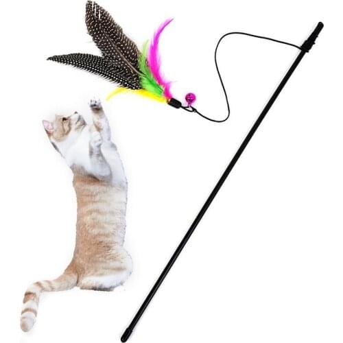 Great Kitten Play Interactive Fun Toy Cat Teaser Wand Rod with Bell Colorful Feather Cats Toys Outdoor Garden Cat Supplies
