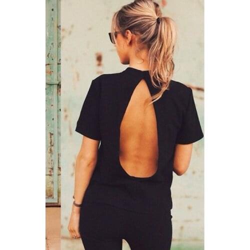 Women T-shirts Black Casual Loose Backless O Neck Short Sleeves Short Sleeves Tshirt Summer Solid Color Black Tops 2019