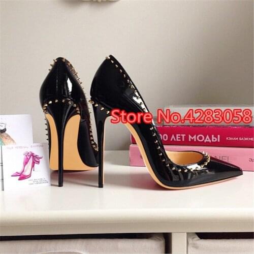 Free shipping fashion women Pumps lady Black patent leather spikes Pointy toe high heels shoes size33-43 12cm 10cm 8cm
