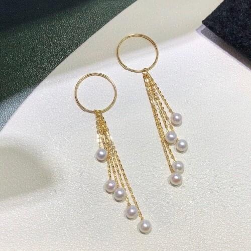 MADALENA SARARA 5-6mm AAA Freshwater Pearl 18K Women Earrings Tassel Dangle Style Au750 Women Handmade Line Earrings